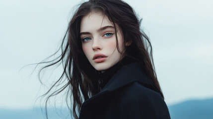 Fototapeta premium Captivating Portrait of a Young Woman Against a Misty Backdrop Showcasing Natural Beauty and Serene Expression