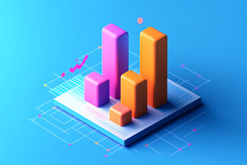 "Isometric Colorful Bar Graph Representing Growth in Sales or Traffic on a Blue Background"