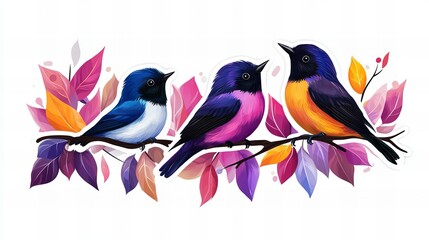 Obraz premium Three vibrant birds perch on a branch adorned with colorful leaves. A beautiful illustration of nature's artistry.