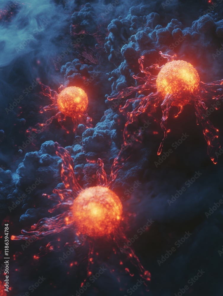 Leinwandbilder cancer cells exhibiting glowing edges under microscopic view showcasing dynamic characteristics and 