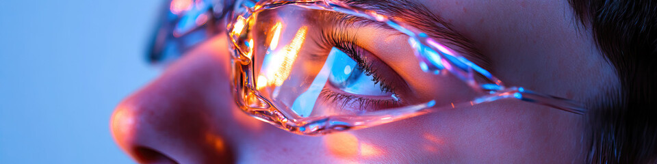 Close-up of Eye and Face with Translucent Glasses under Colored Lighting