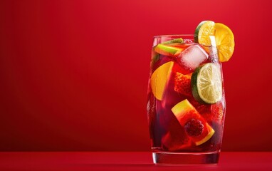 A glass of vibrant red sangria with floating fruit slices on a bold red background