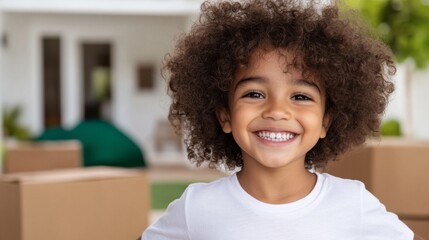 Fototapeta premium Happy New Home: A joyful young girl with a bright smile beams with excitement as she stands in front of a stack of moving boxes, symbolizing a fresh start and a happy new chapter in her life.