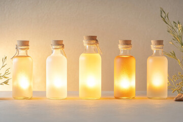 Elegant Display of Lit Glass Bottles on a Minimalistic Background, Creating a Warm and Inviting Atmosphere
