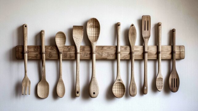 a collection of rustic wooden kitchen utensils hanging on a wall-mounted rack