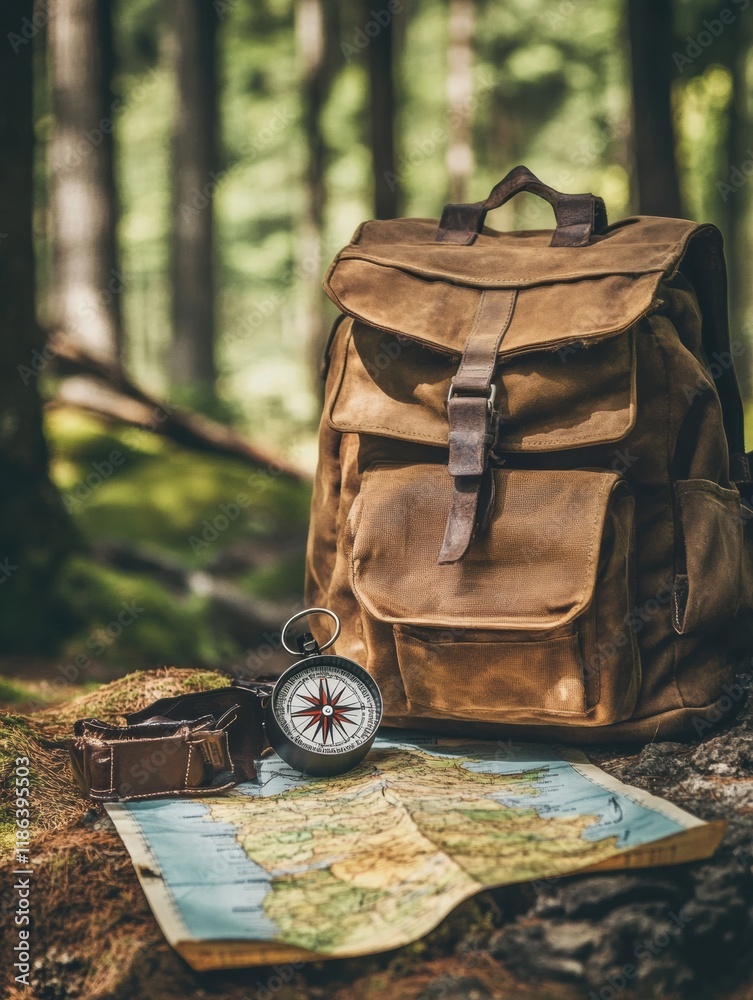 Aufkleber Exploring nature with a backpack, compass, and map surrounded by lush forest greenery in the heart of wilderness. Generative AI