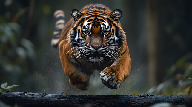 An epic photography of a tiger leaping over a fallen tree trunk, its powerful muscles and grace on full display, set against a misty jungle background.