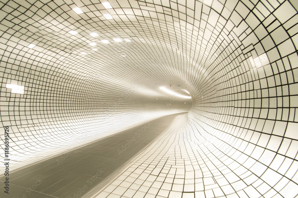 Poster Curved futuristic tunnel with illuminated grid pattern and dynamic perspective