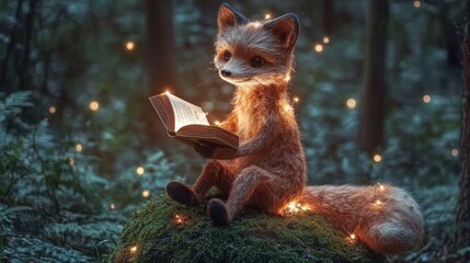 Obraz premium a cute fox reading a book in a magical forest at night