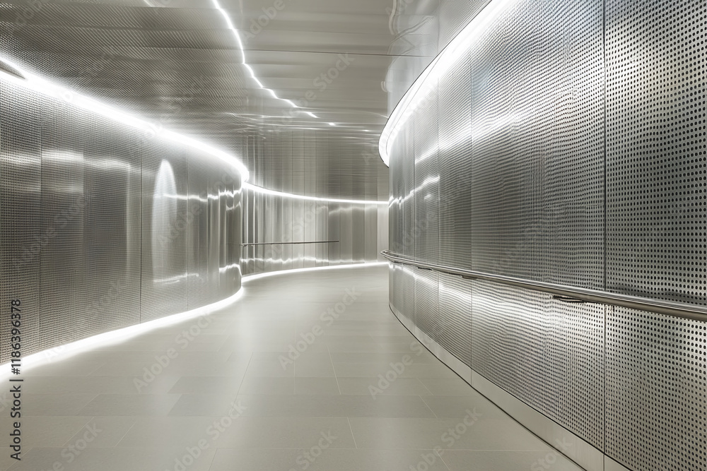 Poster modern curved hallway with illuminated metallic walls and minimal design