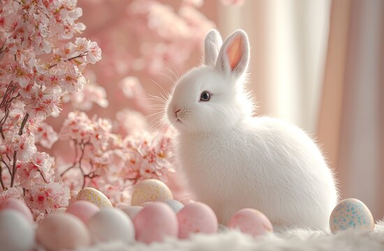 A white rabbit surrounded by a picturesque pile of eggs during Easter Monday celebrations. Beautiful Easter wallpaper