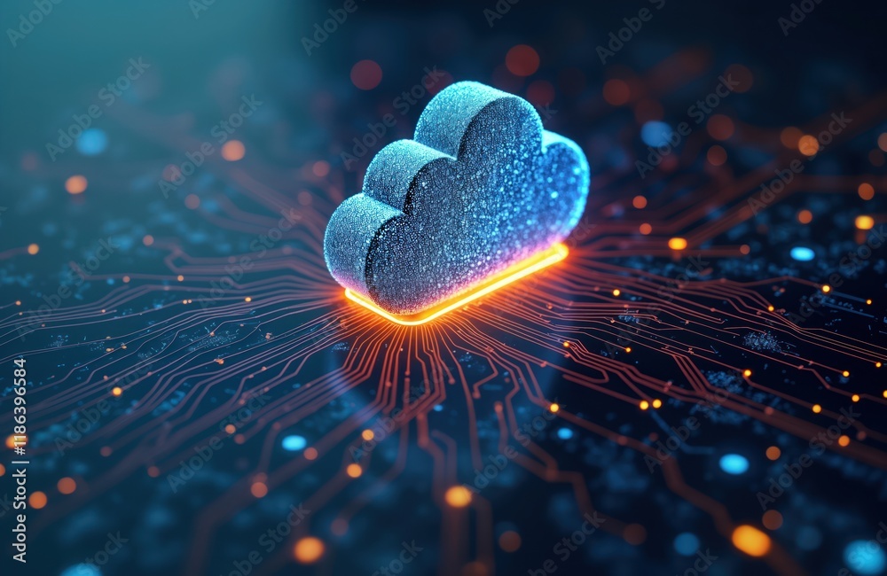 Poster Futuristic cloud computing illustration shows glowing cloud icon on circuit board. Big data processed, transferred wirelessly. Digital storage, transfer visualized. Generative AI suggested. Tech