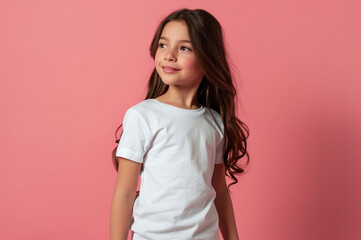 Obraz premium Cropped view of little girl in white t-shirt isolated on pink