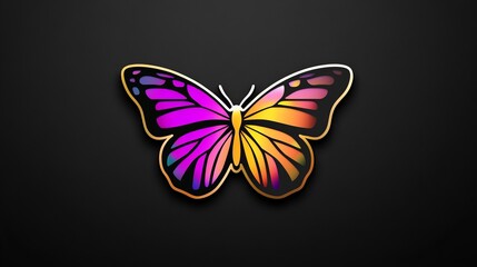 Vibrant iridescent butterfly on a dark background. A colorful insect with purple, pink, and orange wings.