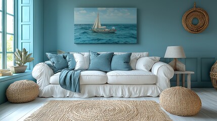 Beach-inspired living room with light blue walls, white furniture, and nautical decor.