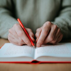 National Proofreading Day Hands Reviewing a Manuscript with Red Pen Corrections for Precise Editing - Also Suitable for Book Lovers Day and World Book Day