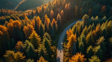 Aerial view of mountain road in forest at sunset in autumn. Top view from drone of road in woods. Beautiful landscape with roadway in hills, pine trees, green meadows, golden sunlight in fall. Travel