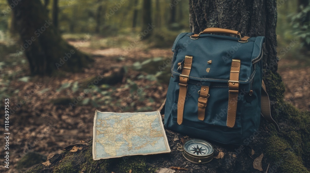Aufkleber Exploring the wilderness with a backpack, a map, and a compass in a serene forest setting. Generative AI