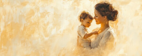 Happy mother and child portrait on beige background, love and joy in family life, bonding and happiness theme