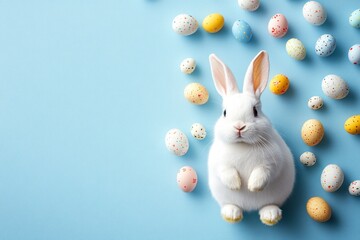 Obraz premium Minimalist Easter Design Featuring a Cute White Bunny Surrounded by Colorful Painted Eggs on a Soft Blue Background Perfect for Celebrating Spring Festivals and New Beginnings