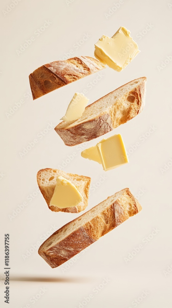 Poster levitating crunchy slices of freshly baked bread topped with creamy butter against a beige backgroun