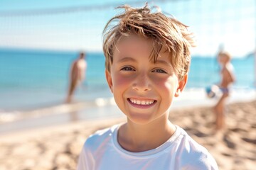 Bright and cheerful beach day with smiling boy and family volleyball game.