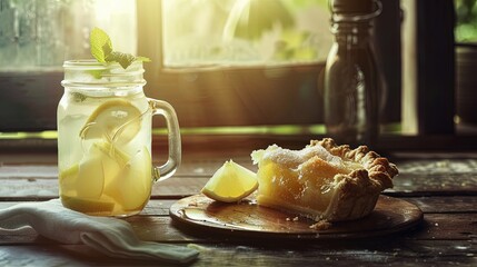 Rustic Apple Pie Slice and Fresh Lemonade With Mint on a Wooden Table in Afternoon Sunlight