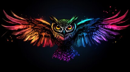 Obraz premium Vibrant rainbow owl in flight. A digital art piece showcasing majestic wings.