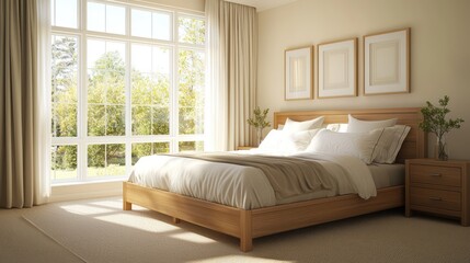 Bright and airy bedroom with a large bed, natural wood furniture, and light, soft colors.