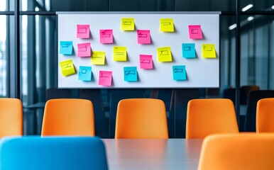 In the boardroom, the team brainstormed with the scrum master, engaging in a creative and dynamic session with a whiteboard and post-it notes, fostering an interactive discussion in a modern and
