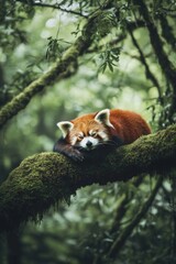 Fototapeta premium World Wildlife Day Peaceful Red Panda in Lush Forest Setting - Perfect for Earth Day and Arbor Day Celebrations