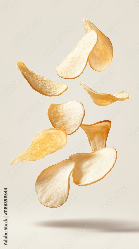 Poster thinly sliced and perfectly fried potato chips gracefully levitate against a smooth, neutral backdro