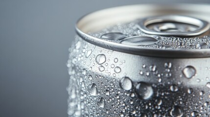 Aluminum Can Covered in Condensation Droplets Against Gray Background.