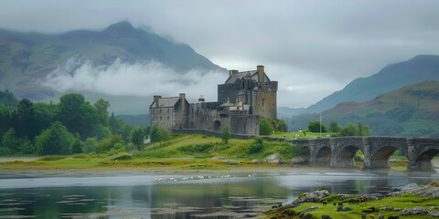 A scenic view of a historic castle beside a river, surrounded by mountains and mist.