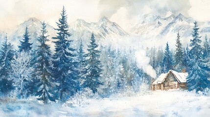 Snowy cabin in forest with mountain background for cards or website backgrounds