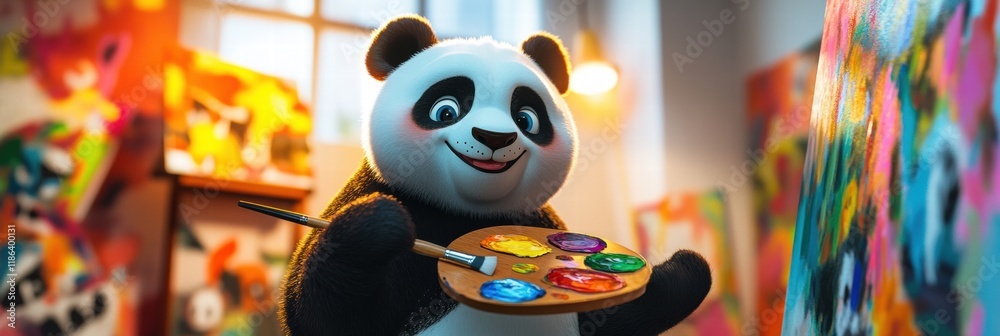 Aufkleber panda artist enjoys painting in a colorful art studio using a brush and palette filled with vibrant 