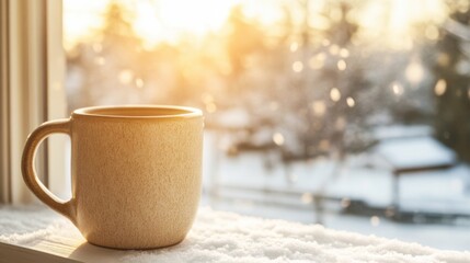 Obraz premium Winter Morning Coffee: A warm, comforting beige mug sits on a snowy windowsill, bathed in the golden light of a winter sunrise. The soft snowfall and cozy scene create a feeling of peaceful warmth. 
