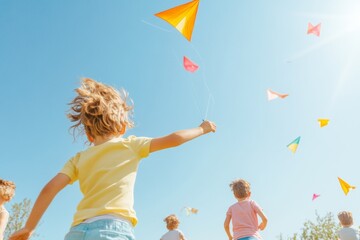 Joyful Kite Flying on Clean Monday Celebrating Childhood and Togetherness in a Sunlit Field
