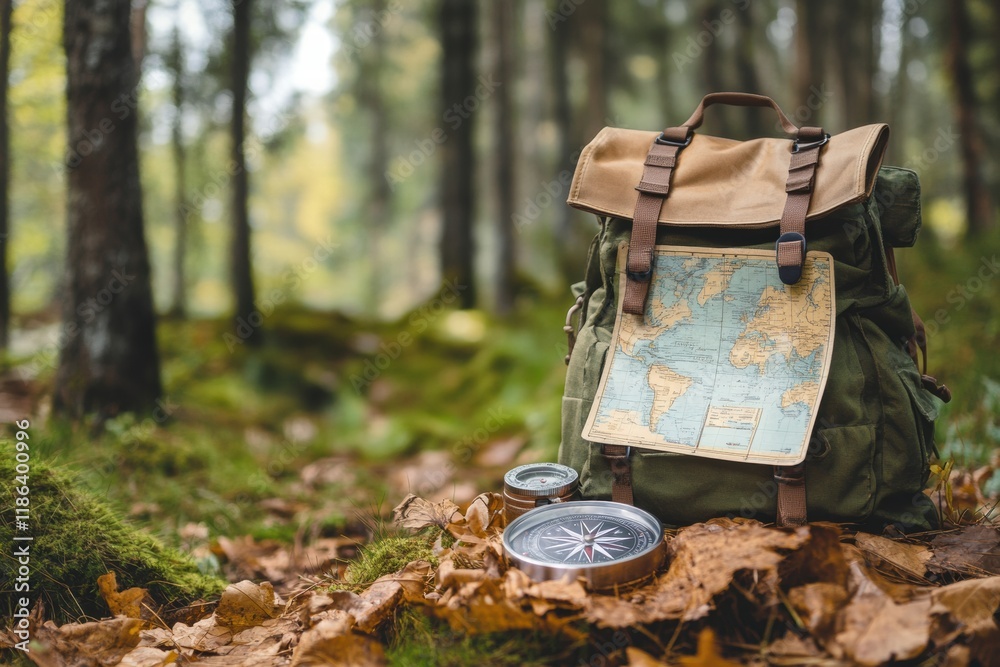 Aufkleber Exploring nature with a backpack, compass, and map on a forest floor during autumn. Generative AI