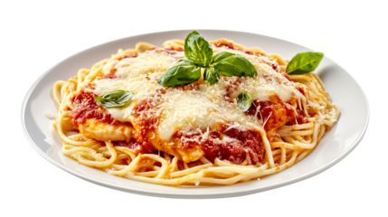 Delicious chicken parmigiana on plate, white background
