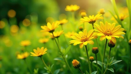 Sunny yellow daisies amidst lush green foliage, summer, daisies © สิริวุฒิ นาคโคตร