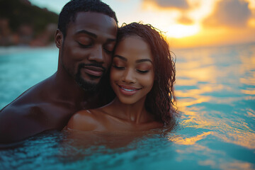 Fototapeta premium Romantic couple embracing in the ocean at golden sunset