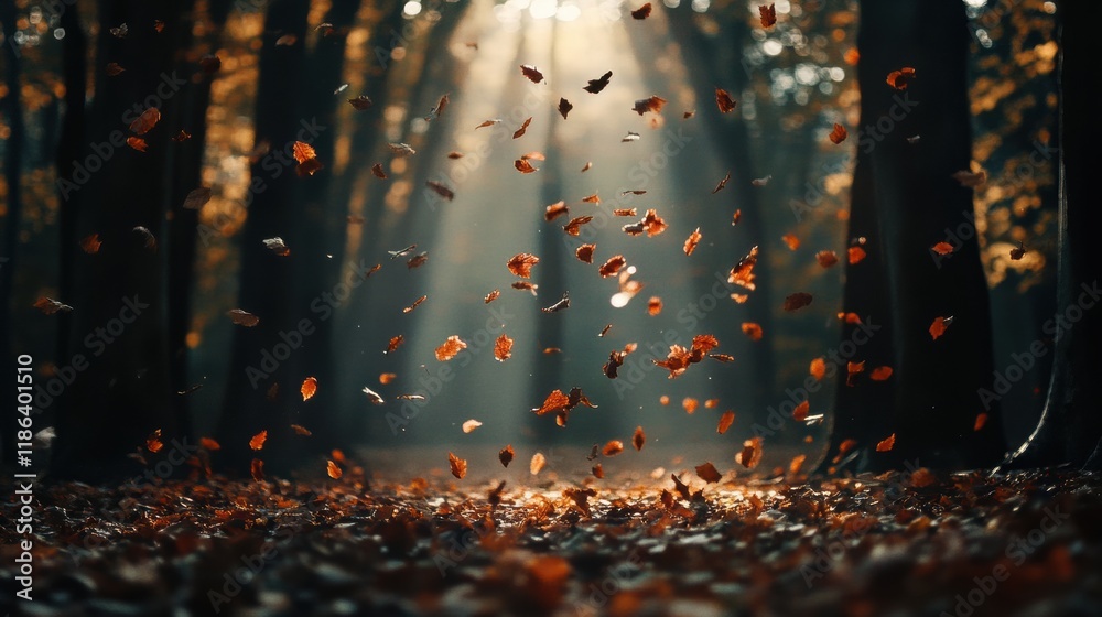 Leinwandbilder autumn leaves twirl and fall in a serene forest with sunlight filtering through trees. generative ai