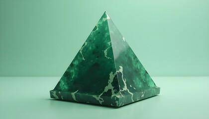 A green pyramid shape crystal block with green background 