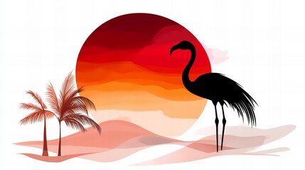 Silhouette of a flamingo at sunset, palm trees in the foreground. Warm colors and a tranquil mood.