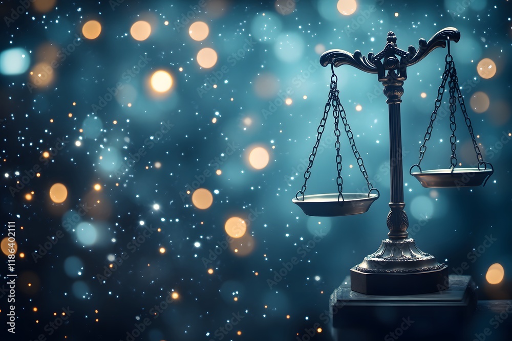 Poster a high-resolution shot of a broken legal scale with the gavel in the foreground, blurred lights repr