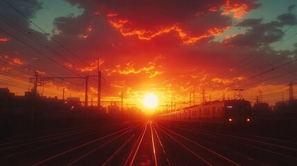 Dramatic sunset over train tracks and industrial landscape.