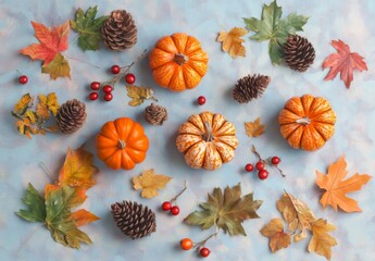 Autumn Pumpkins Arranged with Pinecones and Fall Leaves on Blue Background.
