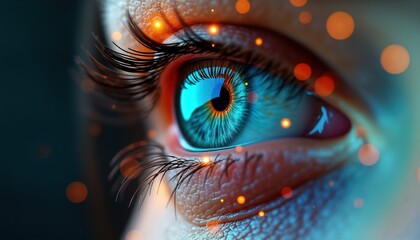 Closeup eye augmented reality tech. Futuristic visual enhancement integrating time data. Enhanced vision capabilities envisioned in future. Eye reflects futuristic innovation. Technology improves