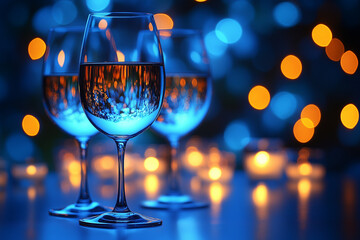 Wine glasses with bokeh lights in blue and orange tones.